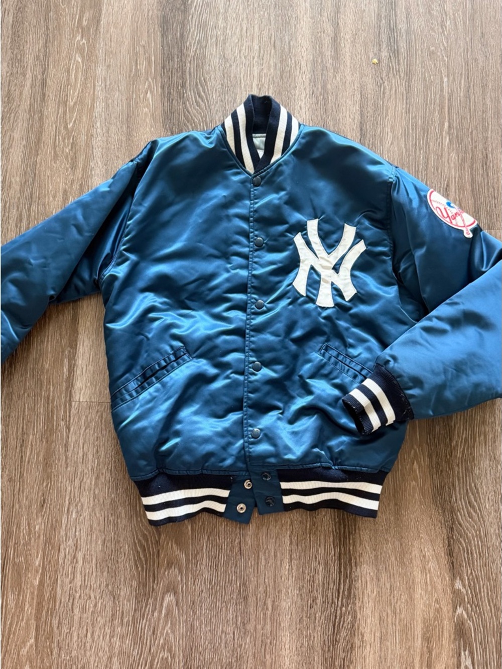 New York Yankees Blue Satin Bomber Jacket with White Logo